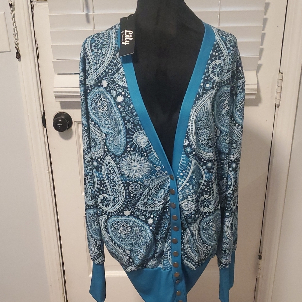 Lilly By Firmiana Teal Blue Paisley Cardigan